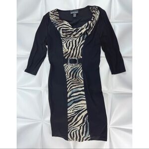 Frank Lyman Sz 8 Black Tiger Print Slinky Cowl Neck Hourglass Silhouette Dress